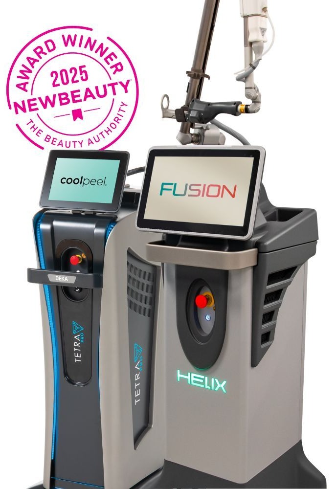 Coolpeel and Tetra devices side by side with badge for 2025 new beauty award winner