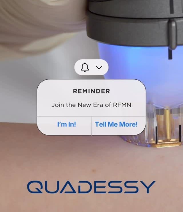 Aesthetic device treating skin with blue light; social media reminder popup reads 'Join the New Era of RFMN.' Quadessy logo below