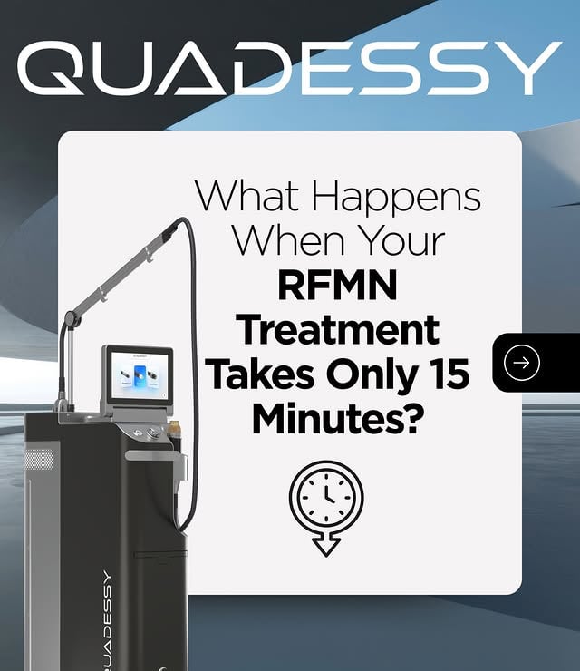 Quadessy RFMN device beside text: 'What Happens When Your RFMN Treatment Takes Only 15 Minutes?' with clock icon