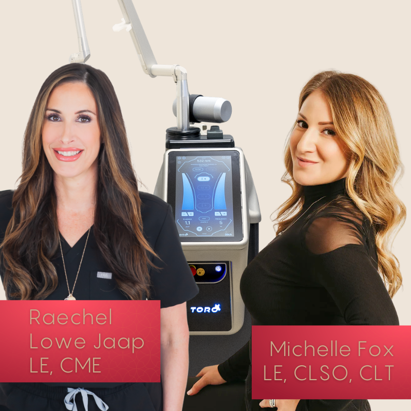 headshot of Michelle Fox, LE, CLSO, CLT, and Raechel Jaap, LE, CME