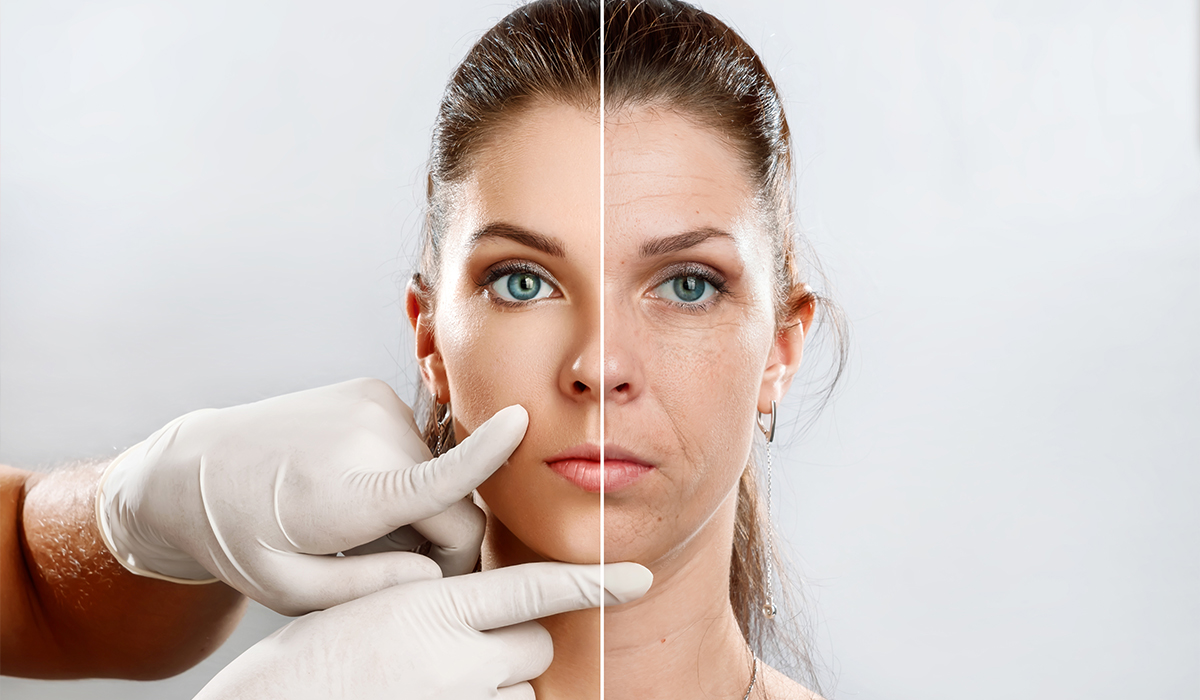 woman's face with smooth skin on one half and wrinkly skin on the other